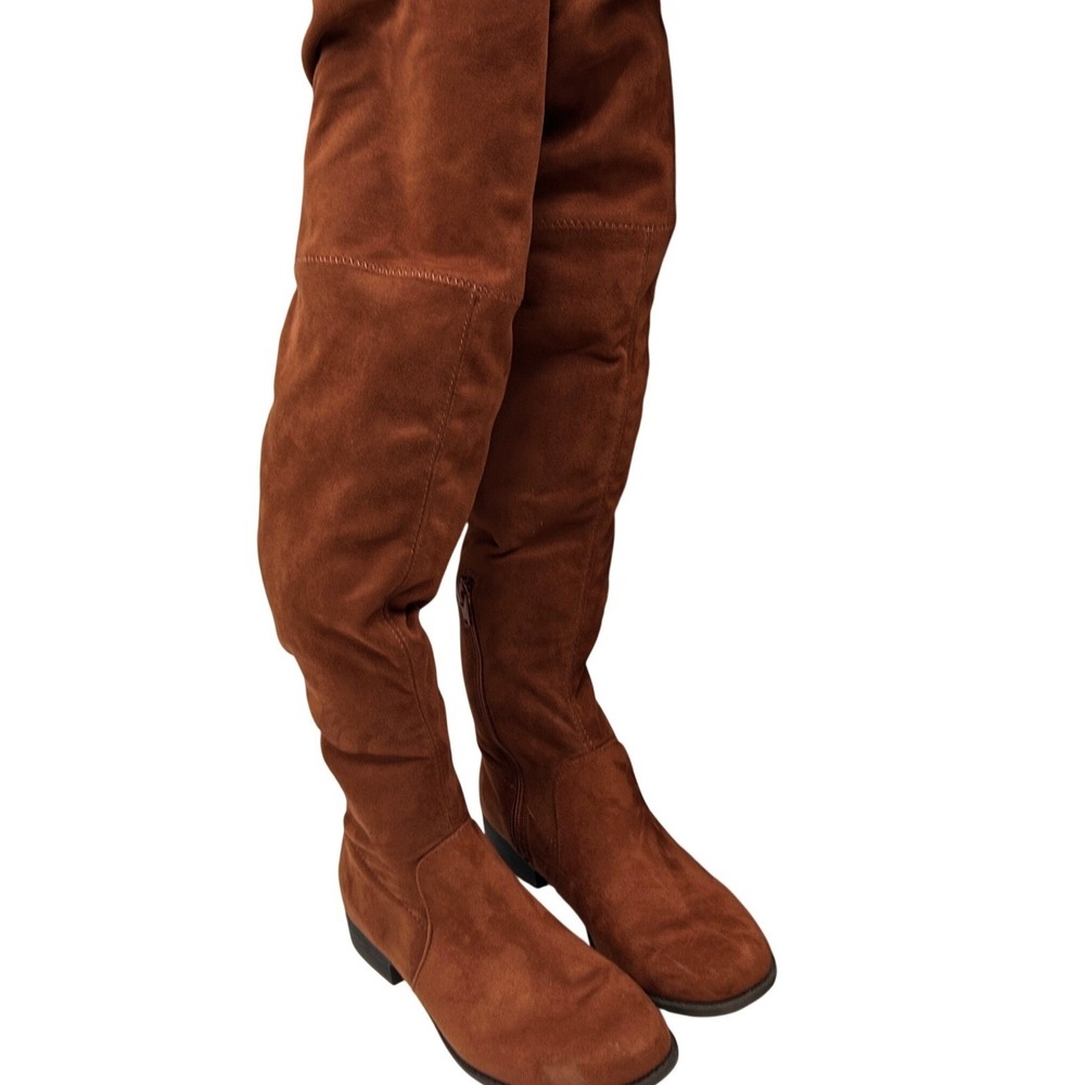 Womens Cognac Brown Faux Suede Over The Knee Thigh High Boots Size 7.5 Low Heel - Picture 2 of 6